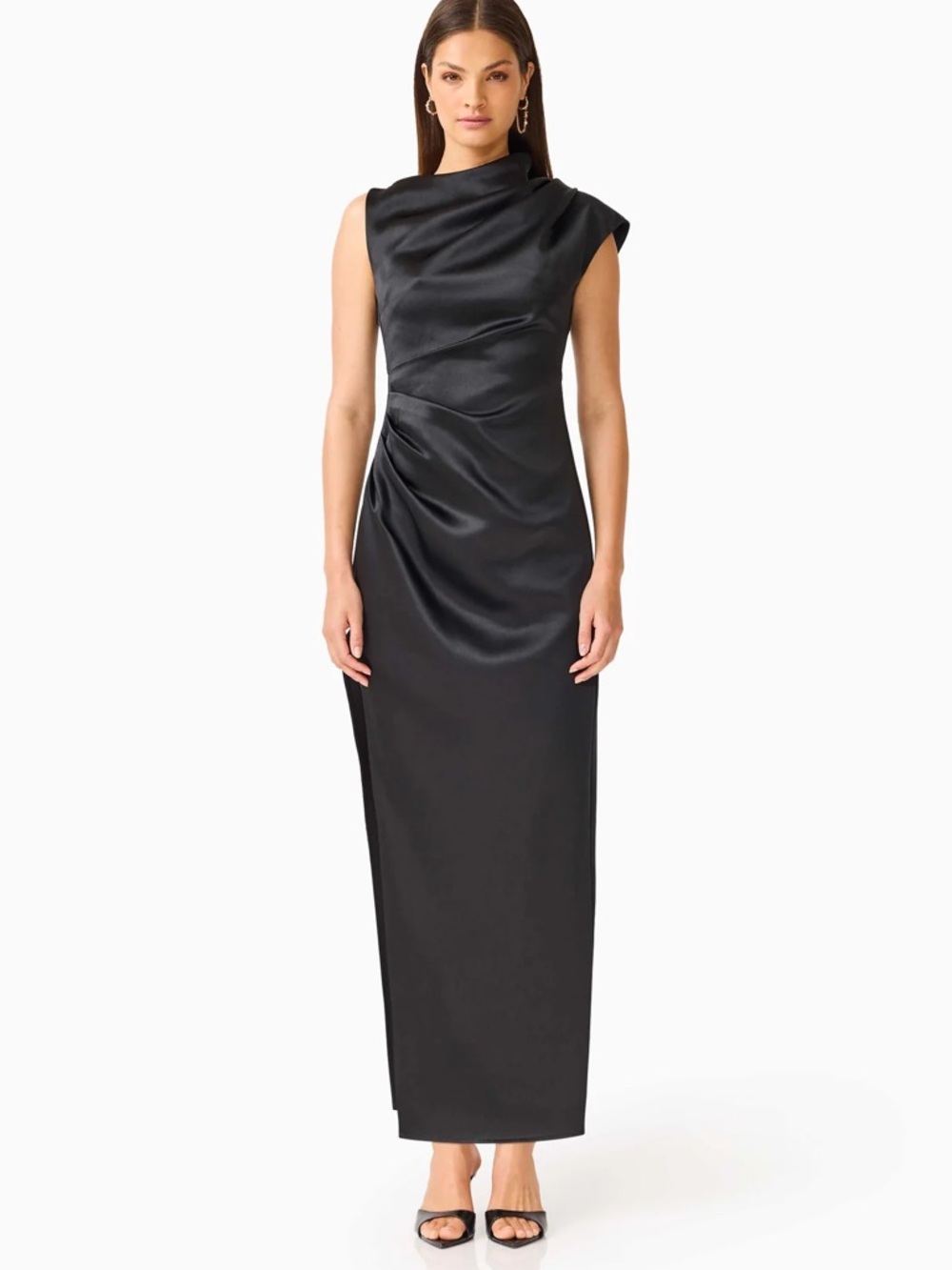 Elliatt Black Satin Column Gown with Asymmetric Draping
